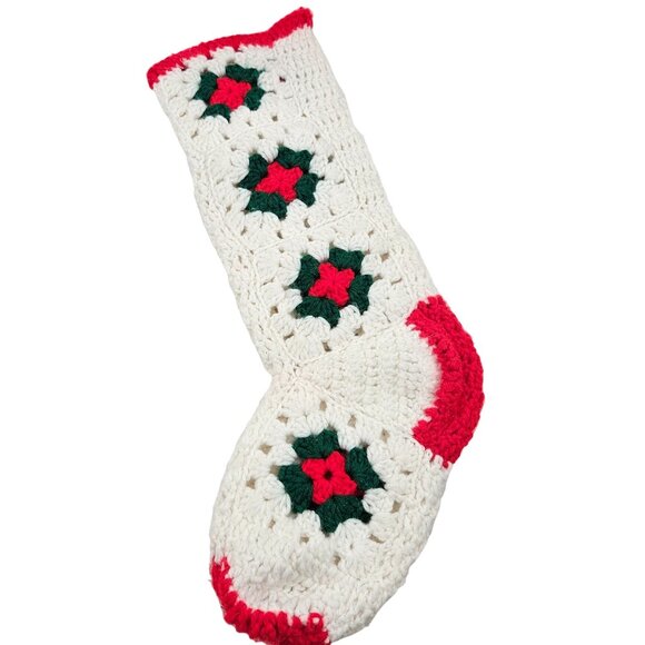 Vintage Granny Square Stocking Handmade Crochet Christmas Holiday Holly Decor - Picture 1 of 6